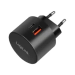 Dual-USB-Schnellladeadapter, 1x USB-C (PD), 1x USB-A (QC), 20 W, rund, schwarz
