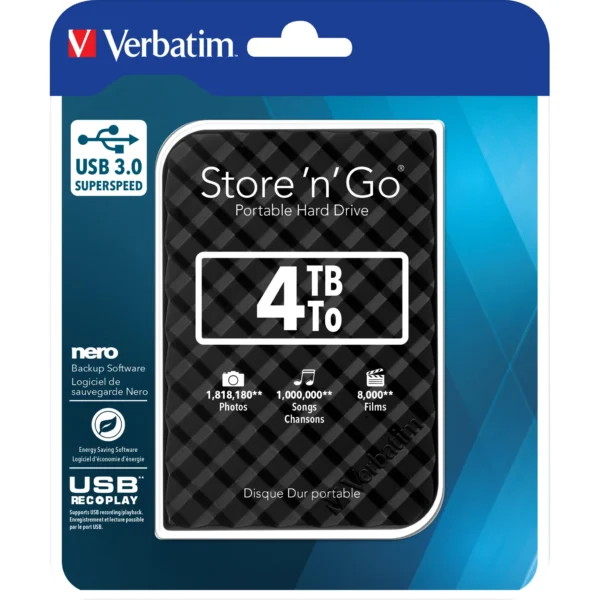 Externe Festplatte "Store 'n' Go" Verbatim, 4 TB Speicher, USB 3.0, inkl. Kabel