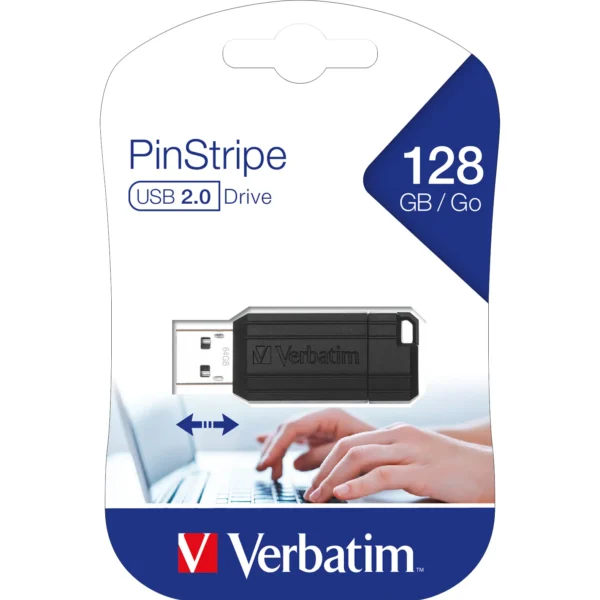 USB 2.0 Stick Verbatim, 128GB Speicher, PinStripe, Schiebemechanismus