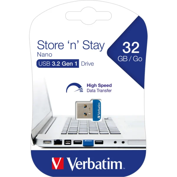 Nano USB-Stick "Store n' Stay" Verbatim, 32GB Speicher, Typ-A, extraflach, blau