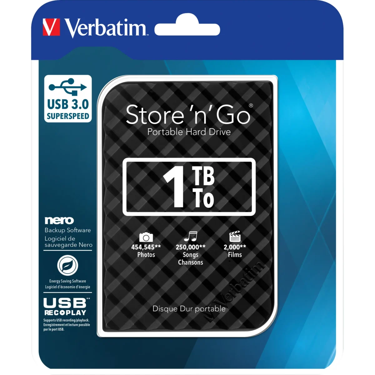 Externe Festplatte "Store 'n' Go" Verbatim, 1 TB Speicher, USB 3.0, inkl. Kabel – Bild 1