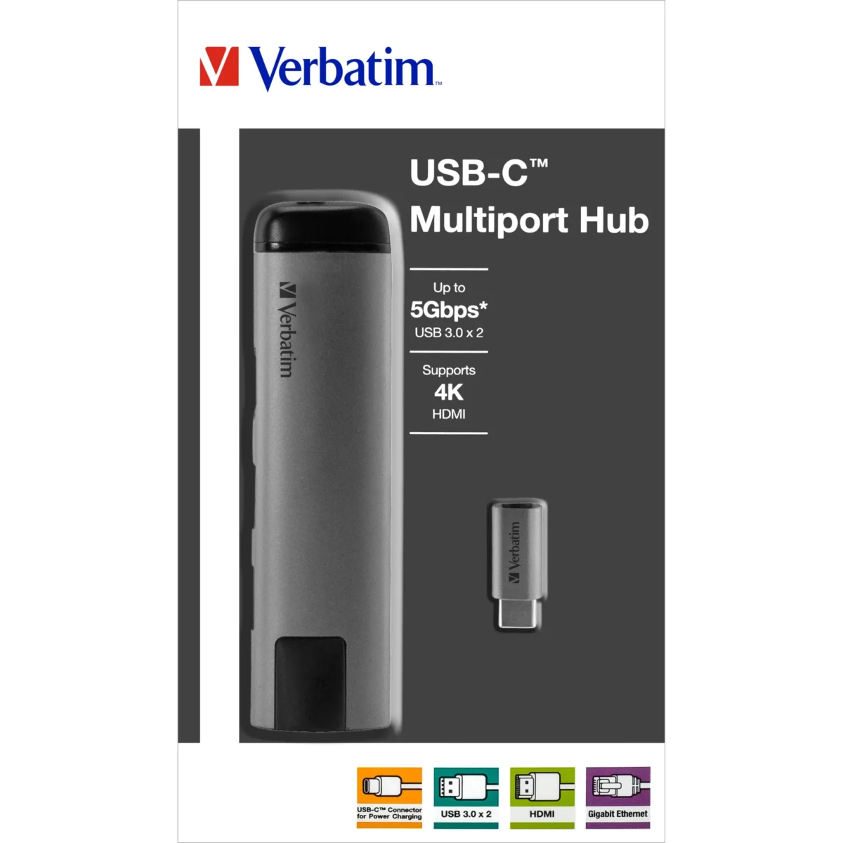 USB-C Multiport-Hub von Verbatim, USB 3.0, HDMI, SD, Ethernet, 15cm Kabel – Bild 2