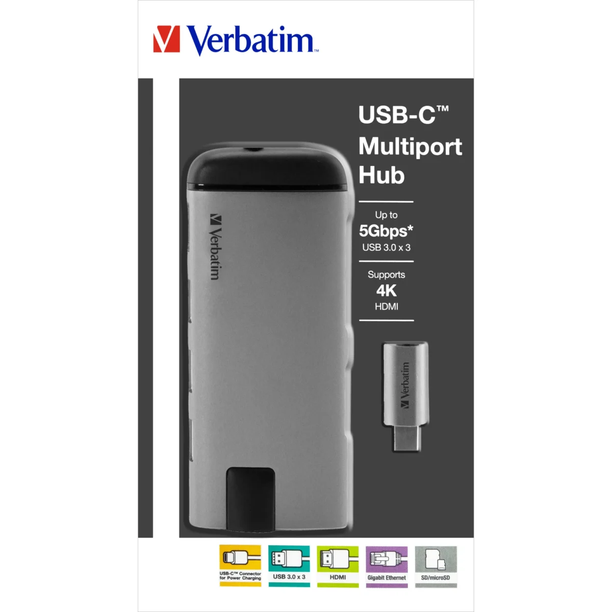 USB-C Multiport-Hub von Verbatim, USB 3.0, HDMI, SD, Ethernet, 15cm Kabel – Bild 2