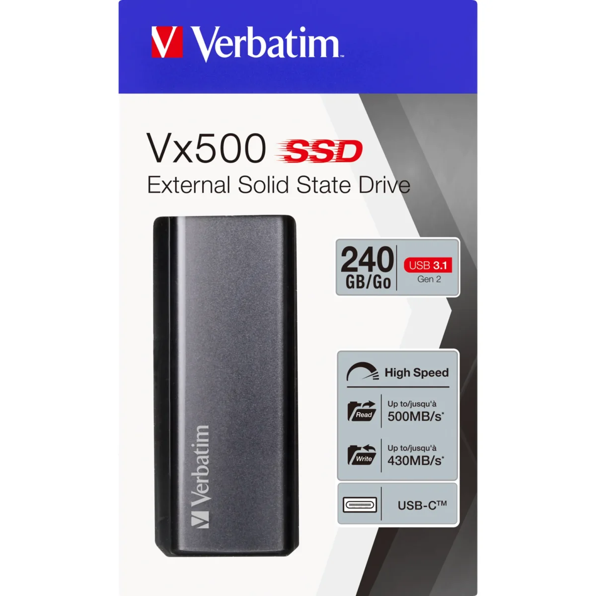 SSD 240GB Verbatim, USB 3.1, Typ A-C, Mini, Vx500, (R) 500MB/s, (W) 430MB/s – Bild 2