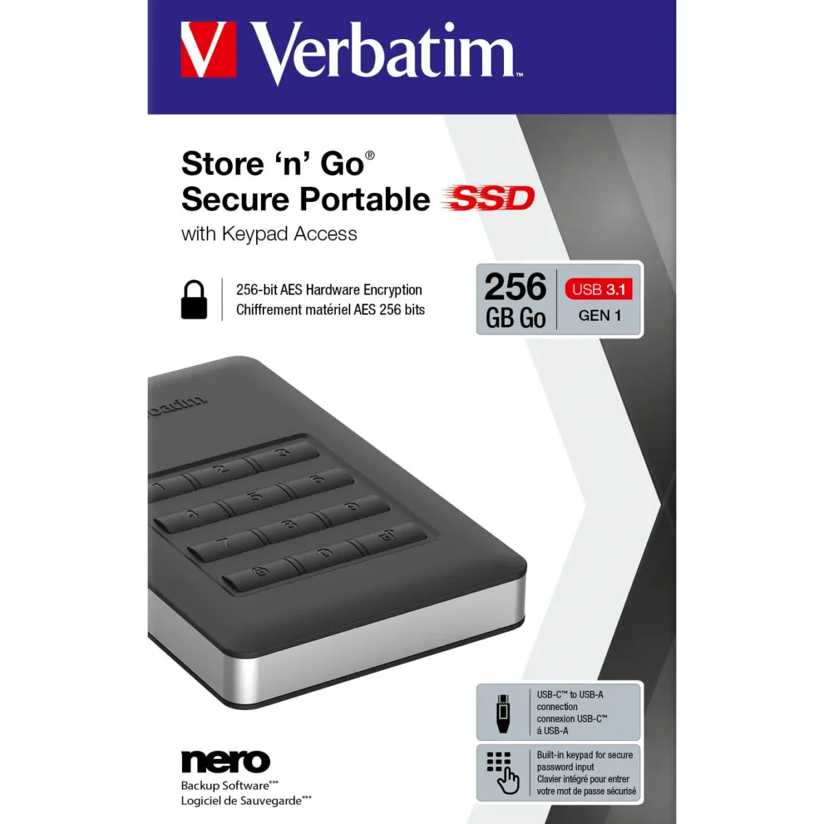 SSD 256GB Verbatim, USB 3.1, A-C, 4,57cm (1,8"), schwarz,Secure Portable, Keypad – Bild 2