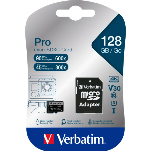 Micro SDXC Card Verbatim "PRO" 128GB, U3, inkl. SD-Adapter