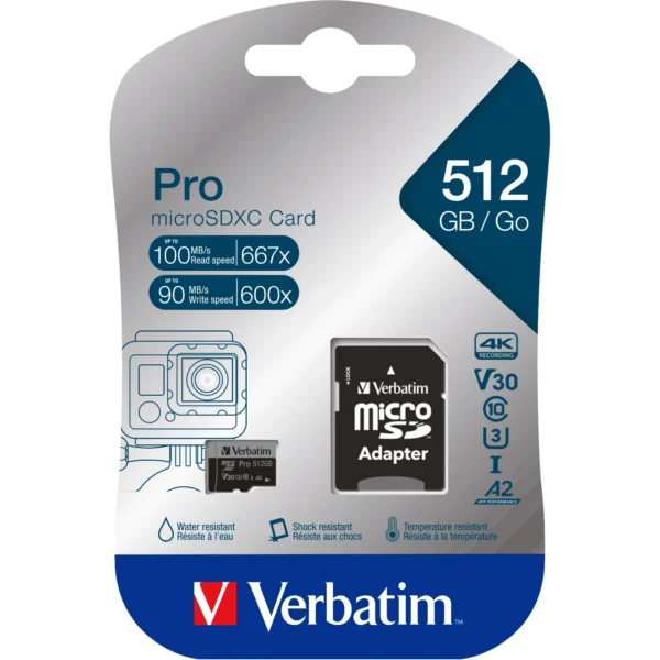 Micro SDXC Card Verbatim "PRO" 512GB, U3, Class 10, inkl. SD-Adapter
