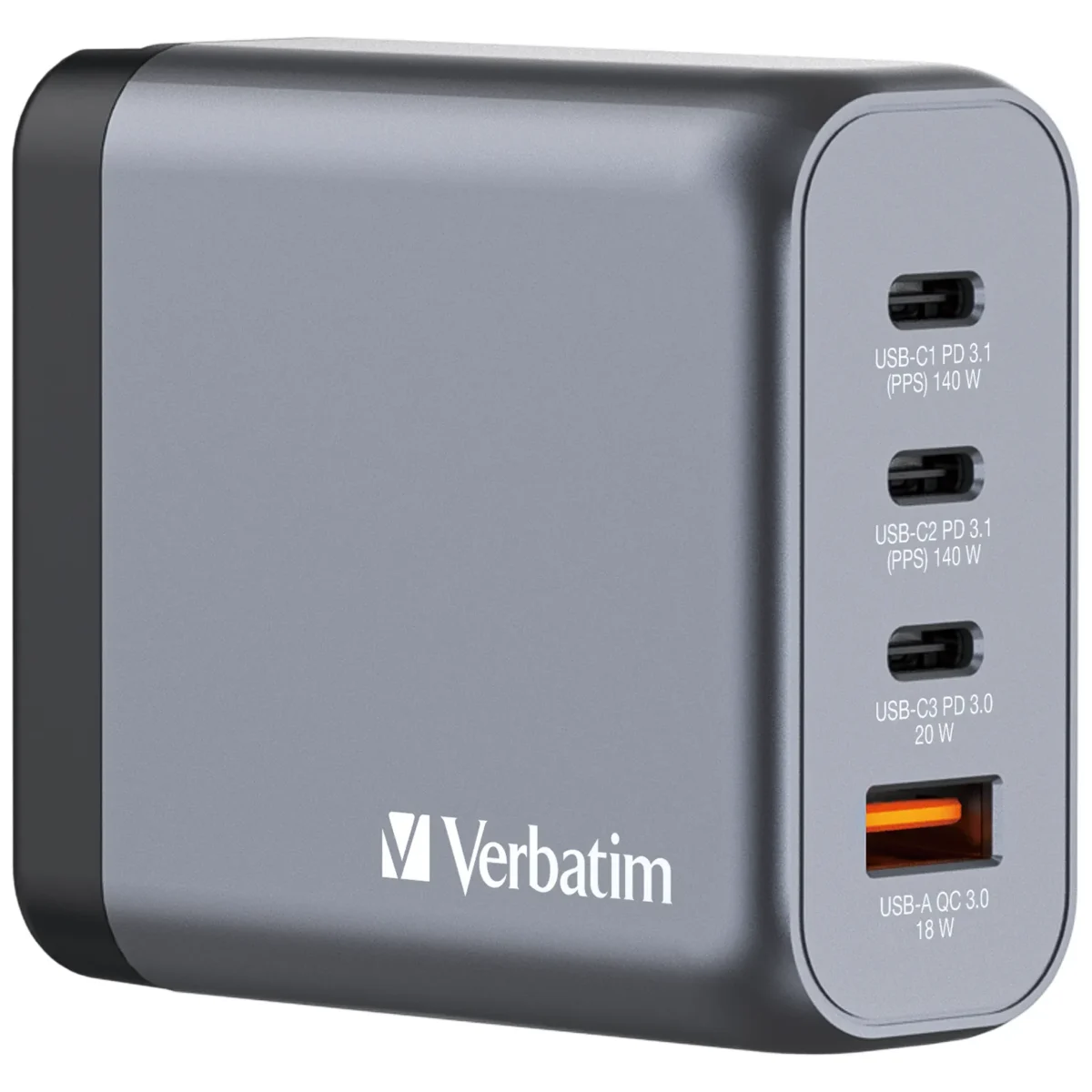 Ladeadapter Verbatim, Universal,GNC-140, GaN, 140W,grau,1x USB-A QC, 3x USB-C PD – Bild 3