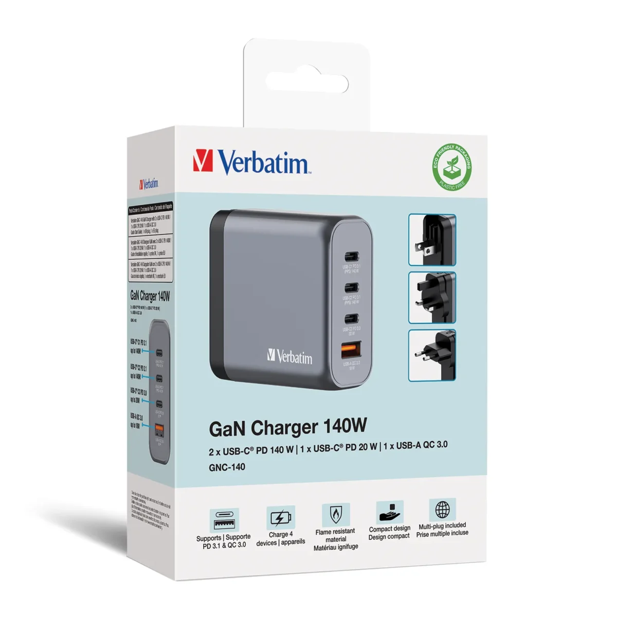 Ladeadapter Verbatim, Universal,GNC-140, GaN, 140W,grau,1x USB-A QC, 3x USB-C PD – Bild 7