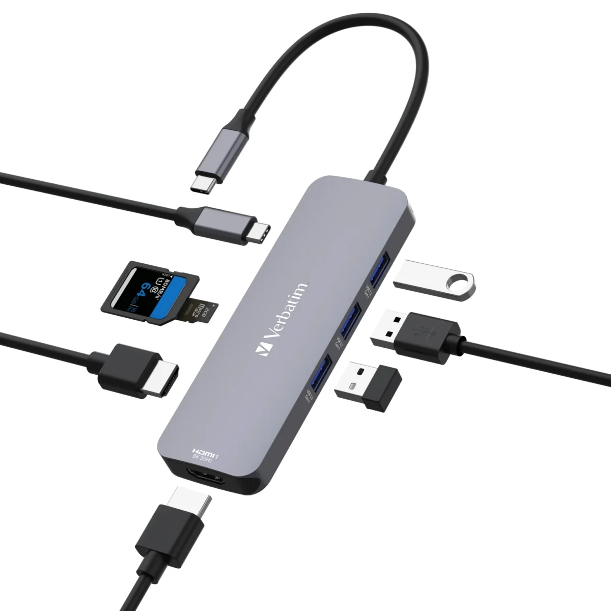 USB-C Pro 8-Port Multiport-Hub CMH-08,Verbatim,3x USB 3.2-A,USB 3.2-C,2x HDMI 4K – Bild 3