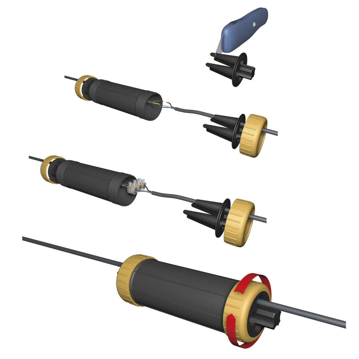 Durchgangs-Erdmuffe, LxØ 190x70mm, IP68 - wasserdicht bis 1m, 230V, schwarz/gelb – Bild 3