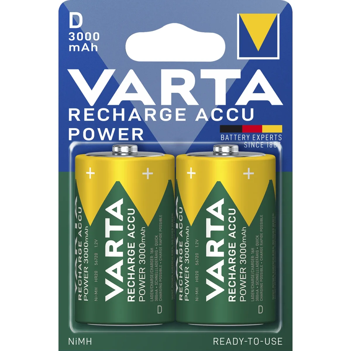 Mono-Akku VARTA, Typ D, NiMH-Akku, HR20, 1,2V/3000 mAh, Pre-charged, 2er Pack – Bild 1