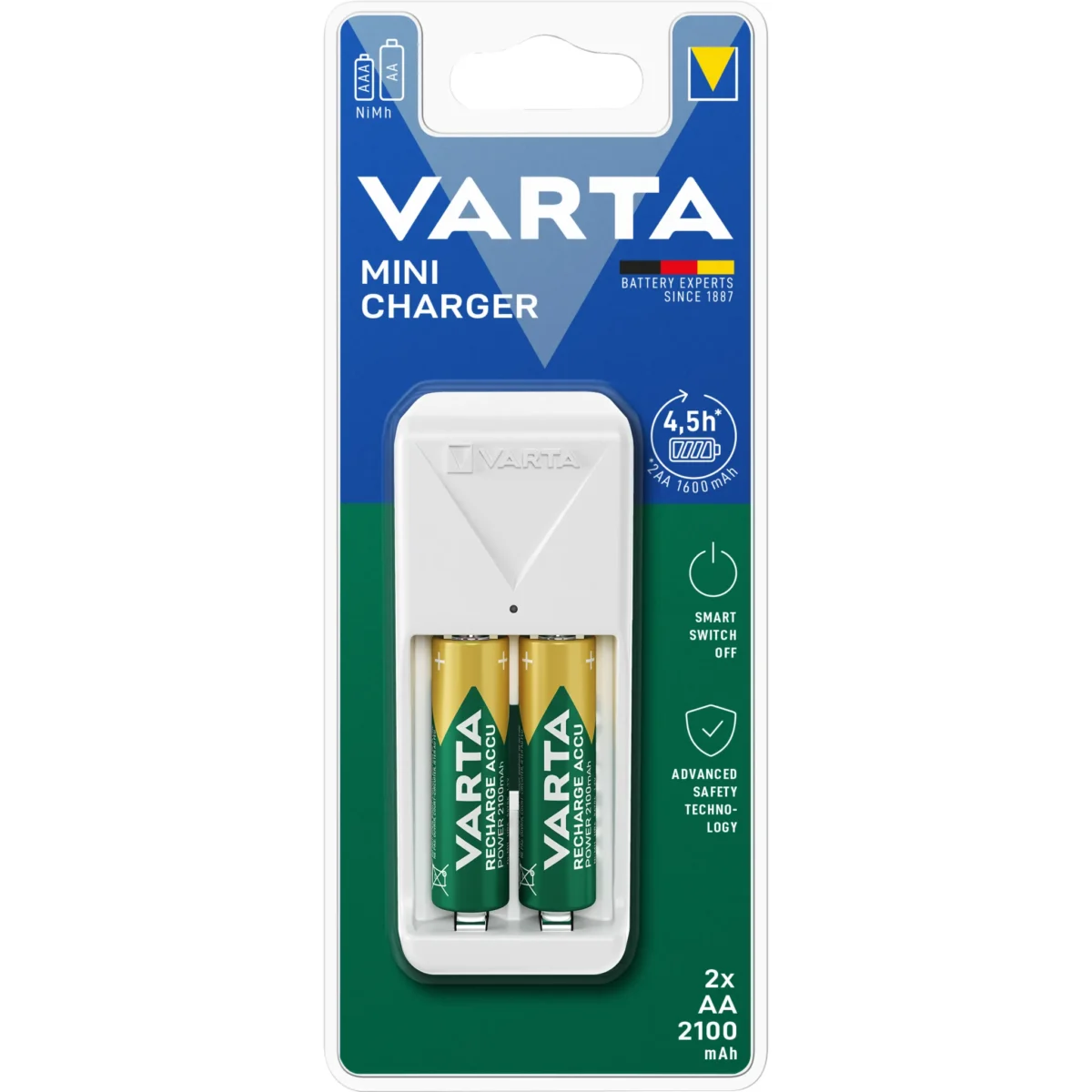 Mini Universal-Ladegerät VARTA, inkl. 2x Mignon Akku Typ AA, Akku NiMH, 2100mAh – Bild 1