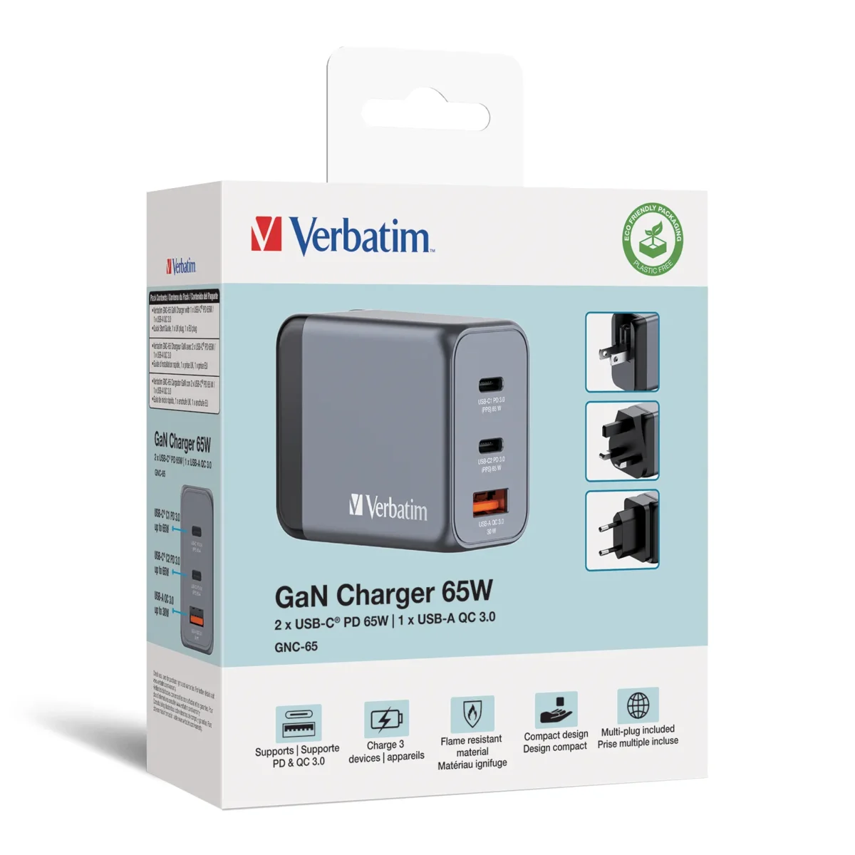 Ladeadapter Verbatim, Universal, GNC-65, GaN, 65W,grau, 1x USB-A QC, 2x USB-C PD – Bild 5