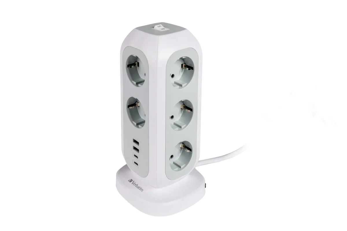 Steckdosen-Tower EUPT-01 Verbatim, 2m Kabel, weiß,11x230V EU, USB-A, 2x USB-C – Bild 1