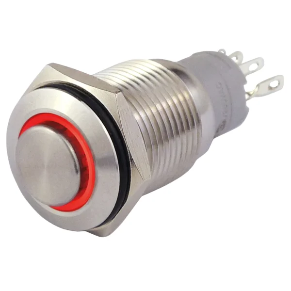 Vollmetallschalter mit Ringbeleuchtung, rot, 16mm-Ø, 250V, 3A, Lötanschluss