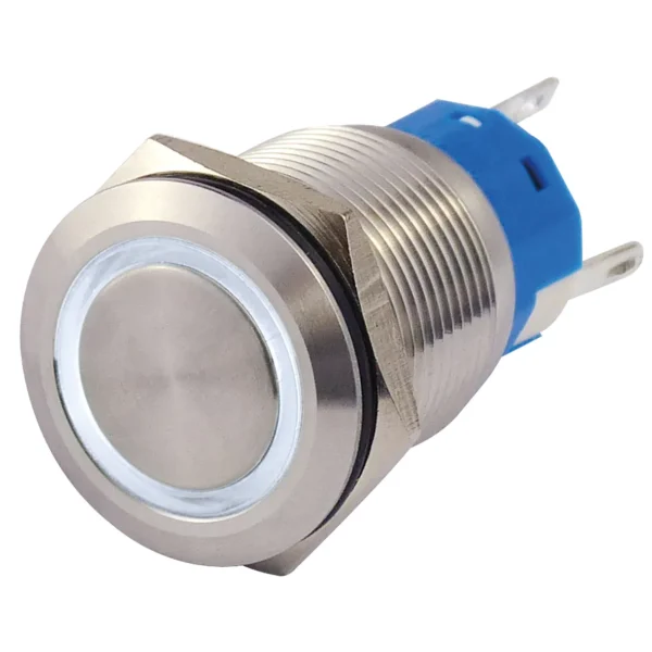 Vollmetalltaster mit Ringbeleuchtung, weiss, 19mm-Ø, 250V, 5A, Lötanschluss
