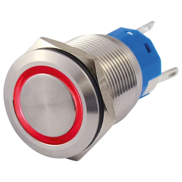 Vollmetalltaster mit Ringbeleuchtung, rot, 19mm-Ø, 250V, 5A, Lötanschluss