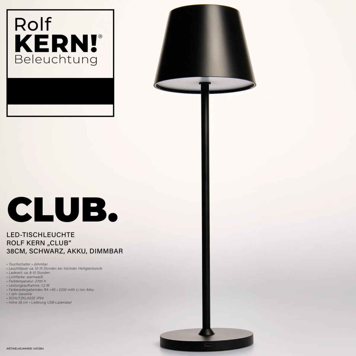 LED-Tischleuchte ROLF KERN „Club“ 38cm, schwarz, Akku, dimmbar – Bild 2