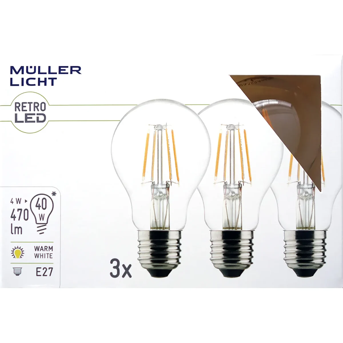 LED Filament Glühlampe, E27, 4W, 470lm, 2700K, warmweiß, 3er Set – Bild 1