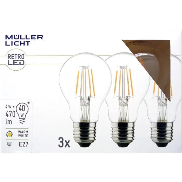 LED Filament Glühlampe, E27, 4W, 470lm, 2700K, warmweiß, 3er Set