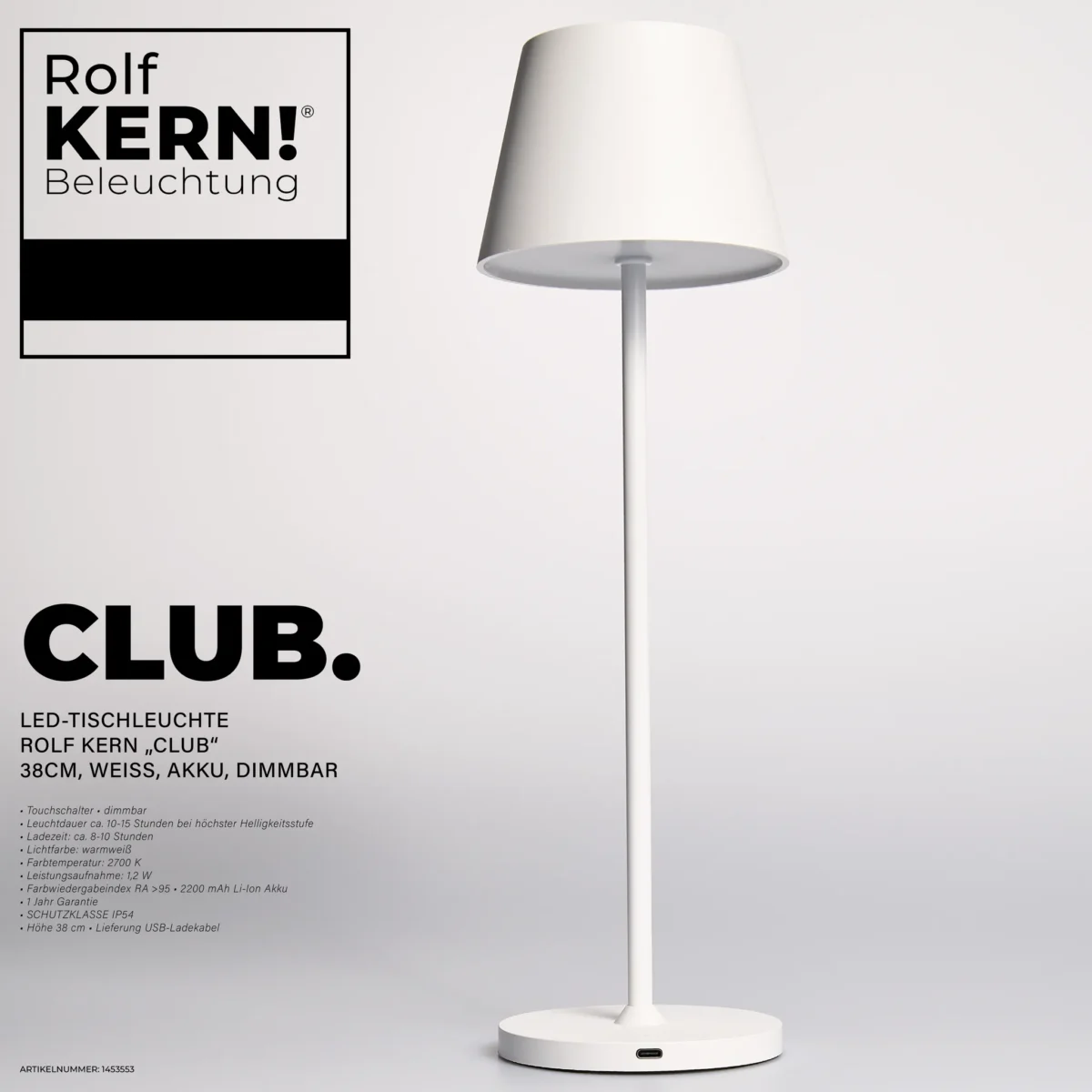 LED-Tischleuchte ROLF KERN „Club“ 38cm, weiß, Akku, dimmbar – Bild 2