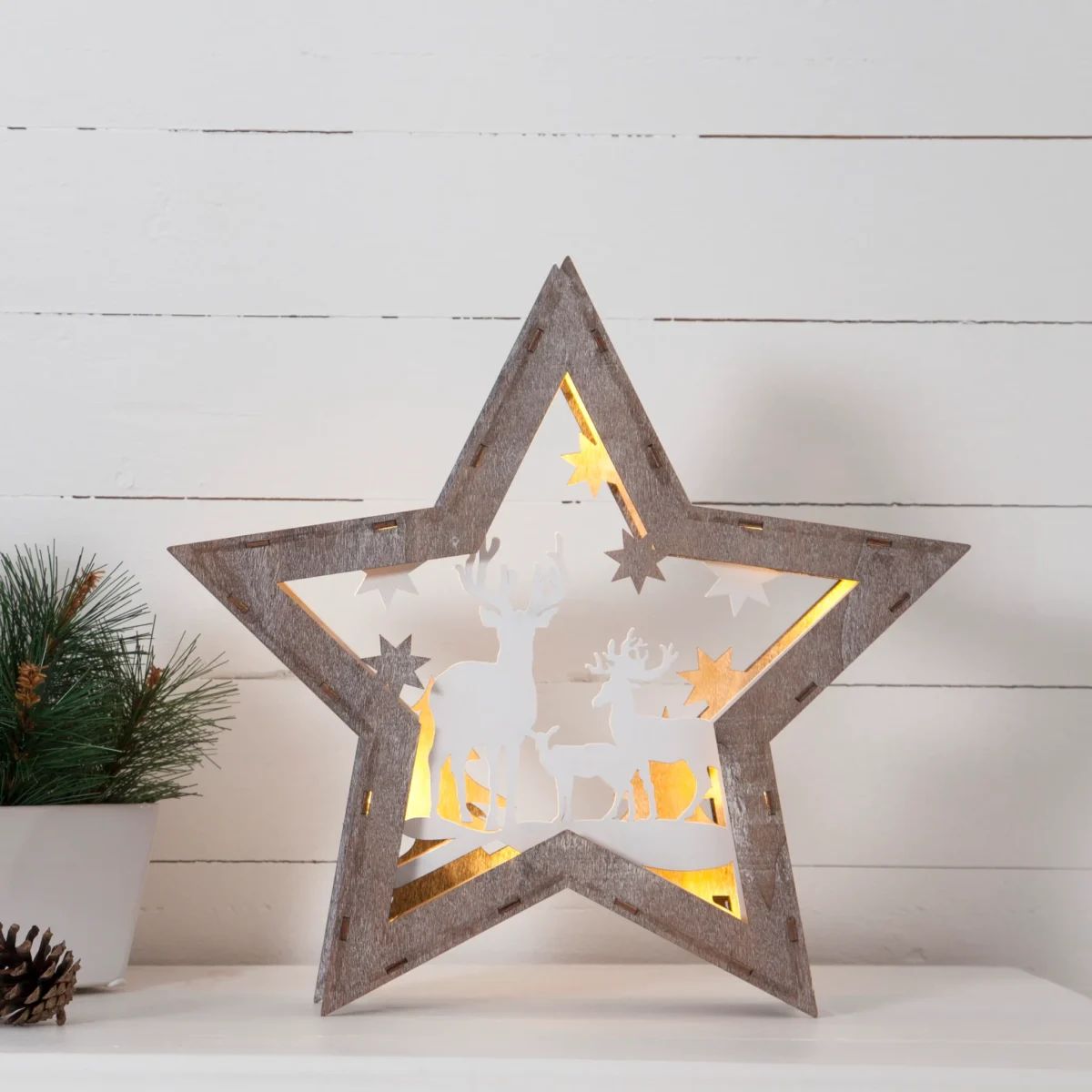 LED-Dekostern "Fauna", 10 LEDs, warmweiß, braun/weiß, 32x34cm, batteriebetrieben – Bild 2