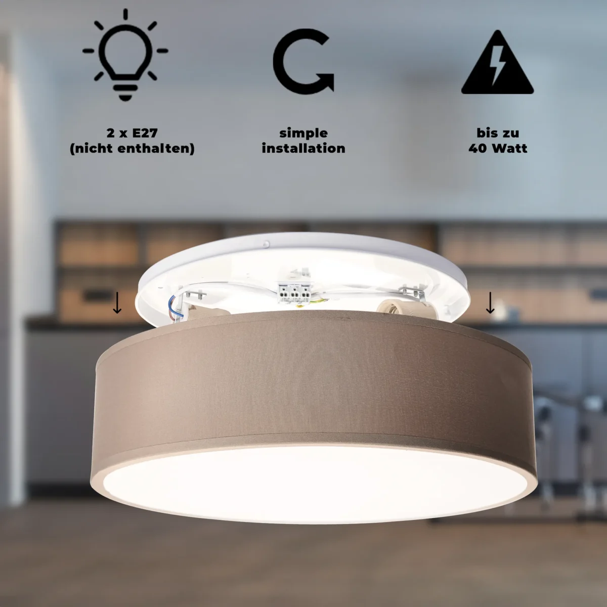 Deckenleuchte EINLICHT "Fabric" für 2x E27, Ø38cm, Taupe, Stoffschrim – Bild 4