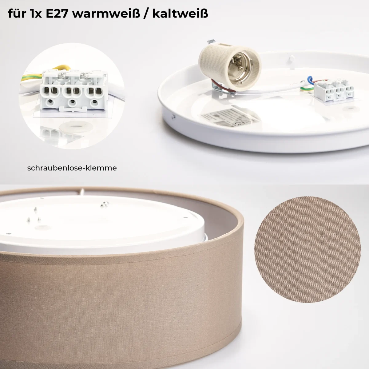 Deckenleuchte EINLICHT "Fabric" für 2x E27, Ø38cm, Taupe, Stoffschrim – Bild 5