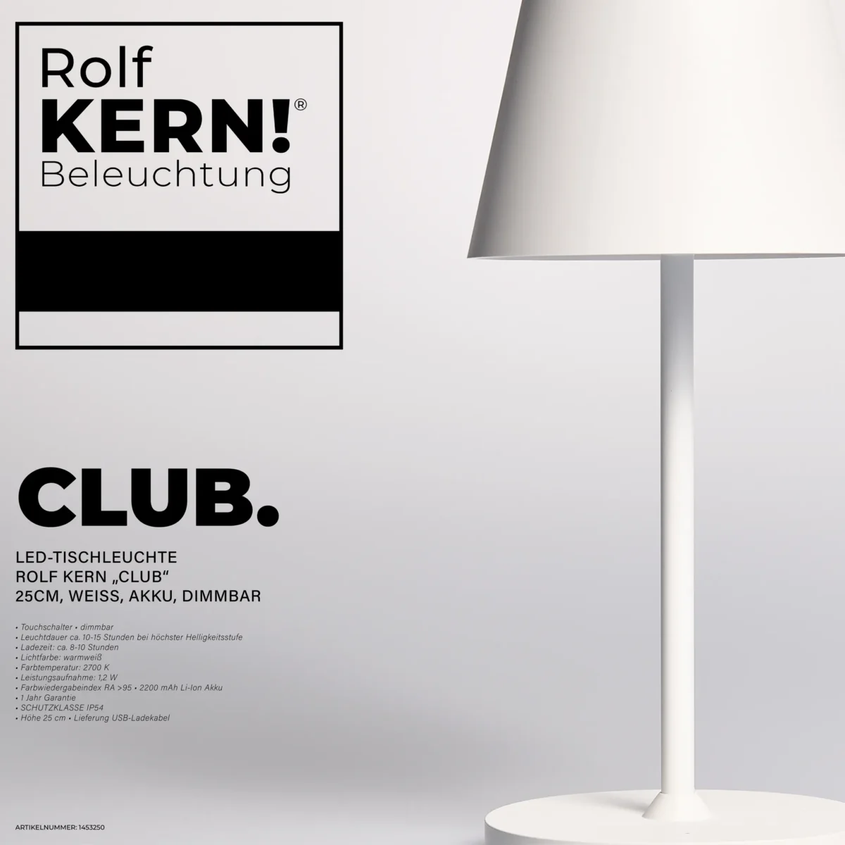 LED-Tischleuchte ROLF KERN „Club Mini“ 25cm, weiß, Akku, dimmbar – Bild 2
