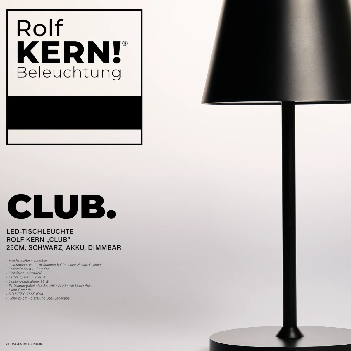 LED-Tischleuchte ROLF KERN „Club Mini“ 25cm, schwarz, Akku, dimmbar – Bild 2
