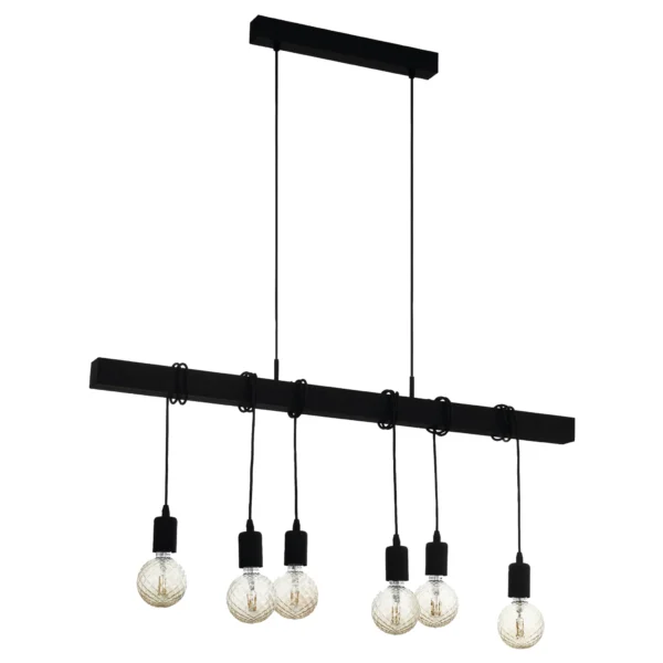 Hängeleuchte EGLO "Townshend Black", 6-flammig, E27, Stahl, Holz, schwarz
