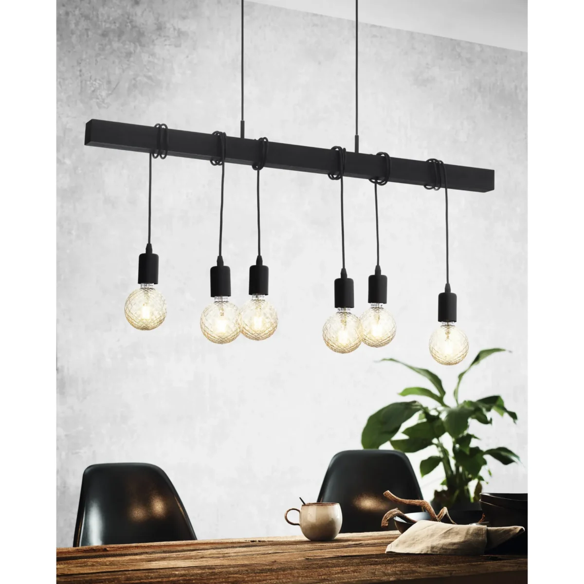 Hängeleuchte EGLO "Townshend Black", 6-flammig, E27, Stahl, Holz, schwarz – Bild 2