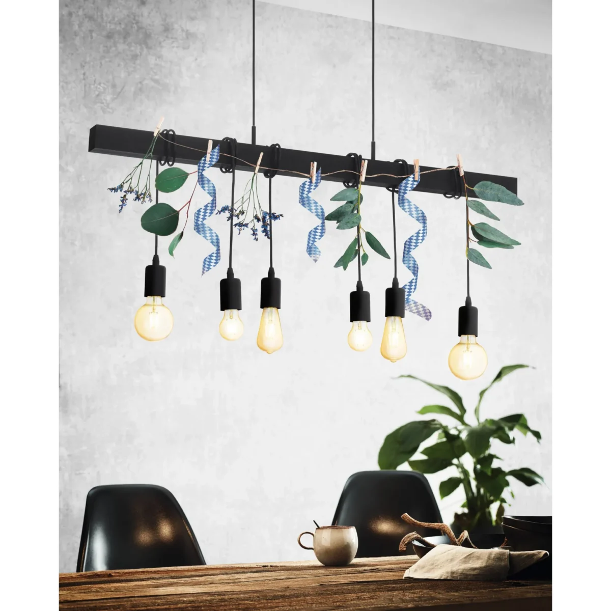 Hängeleuchte EGLO "Townshend Black", 6-flammig, E27, Stahl, Holz, schwarz – Bild 3