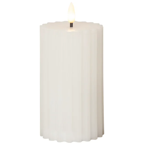LED Wachskerze "Flamme Stripe", 7,5x15cm, natürliche Flamme, weiß