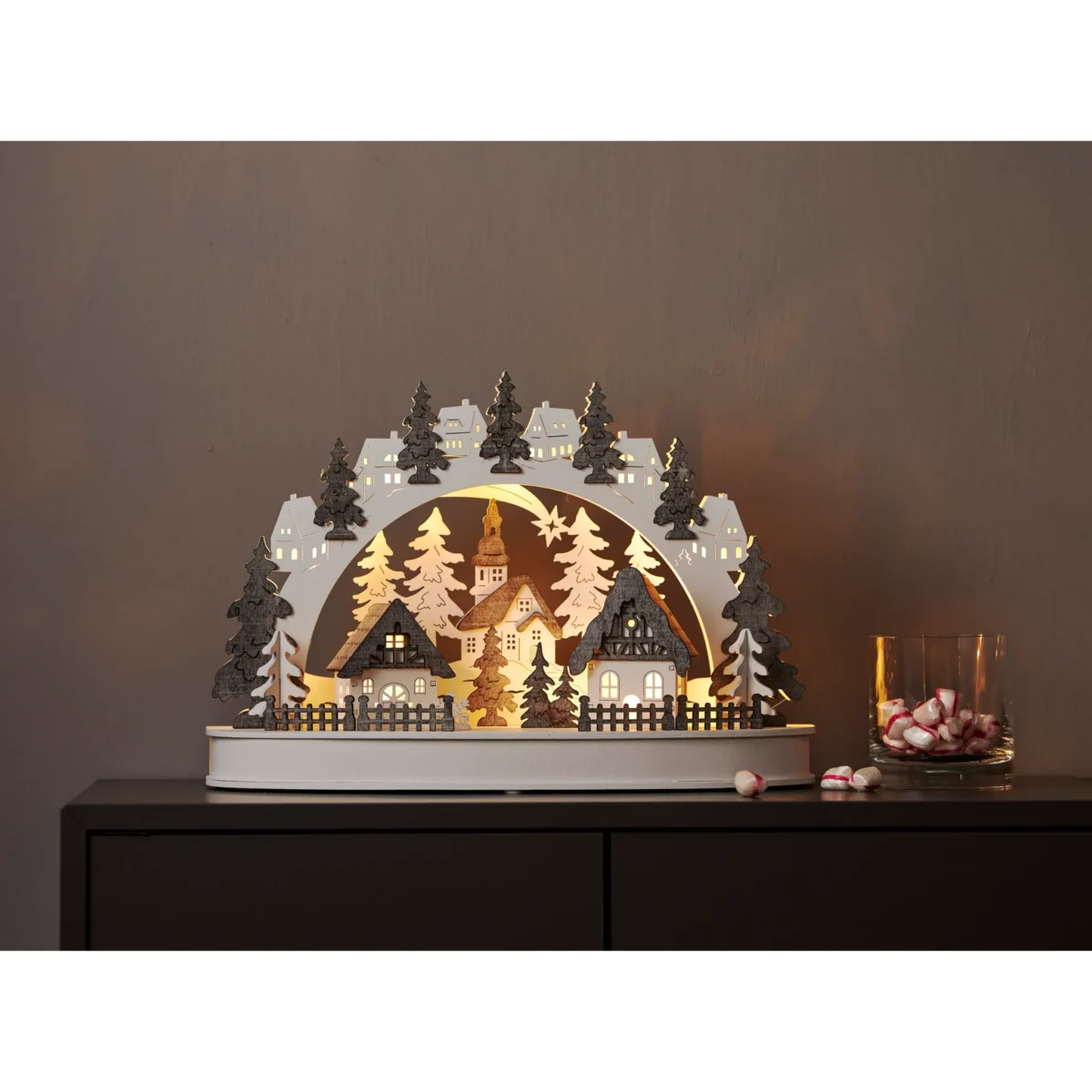 LED-Innendekoration "Grauberg", 10ww LED, Holz, grau, 46x12x2cm, Batterien,Timer – Bild 3