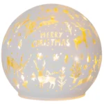Deko-Glaskugel "Merry X-Mas", weiß, 12cm, Wintermotiv, innen Gold, Batterie