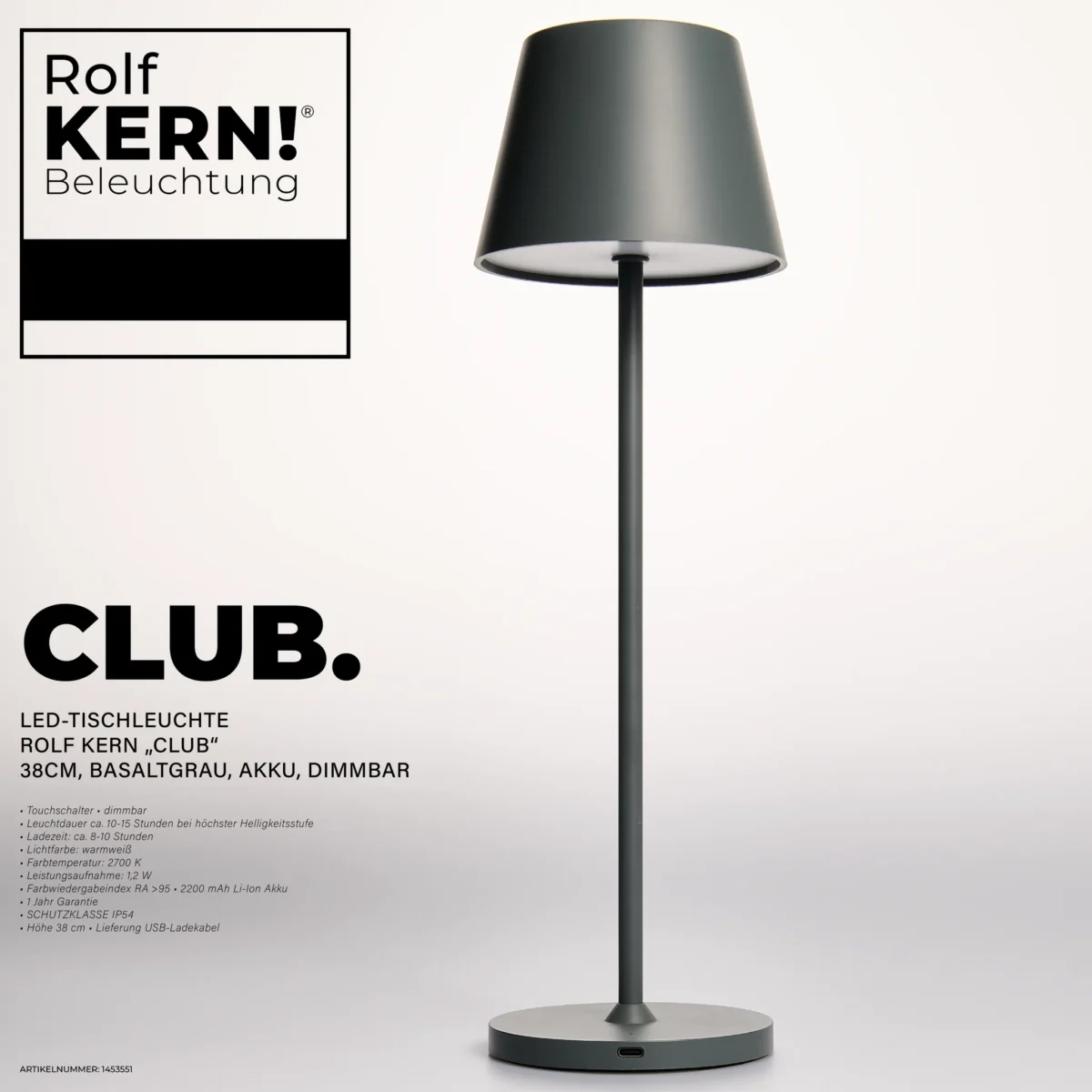 LED-Tischleuchte ROLF KERN „Club“ 38cm, Basaltgrau, Akku, dimmbar – Bild 2