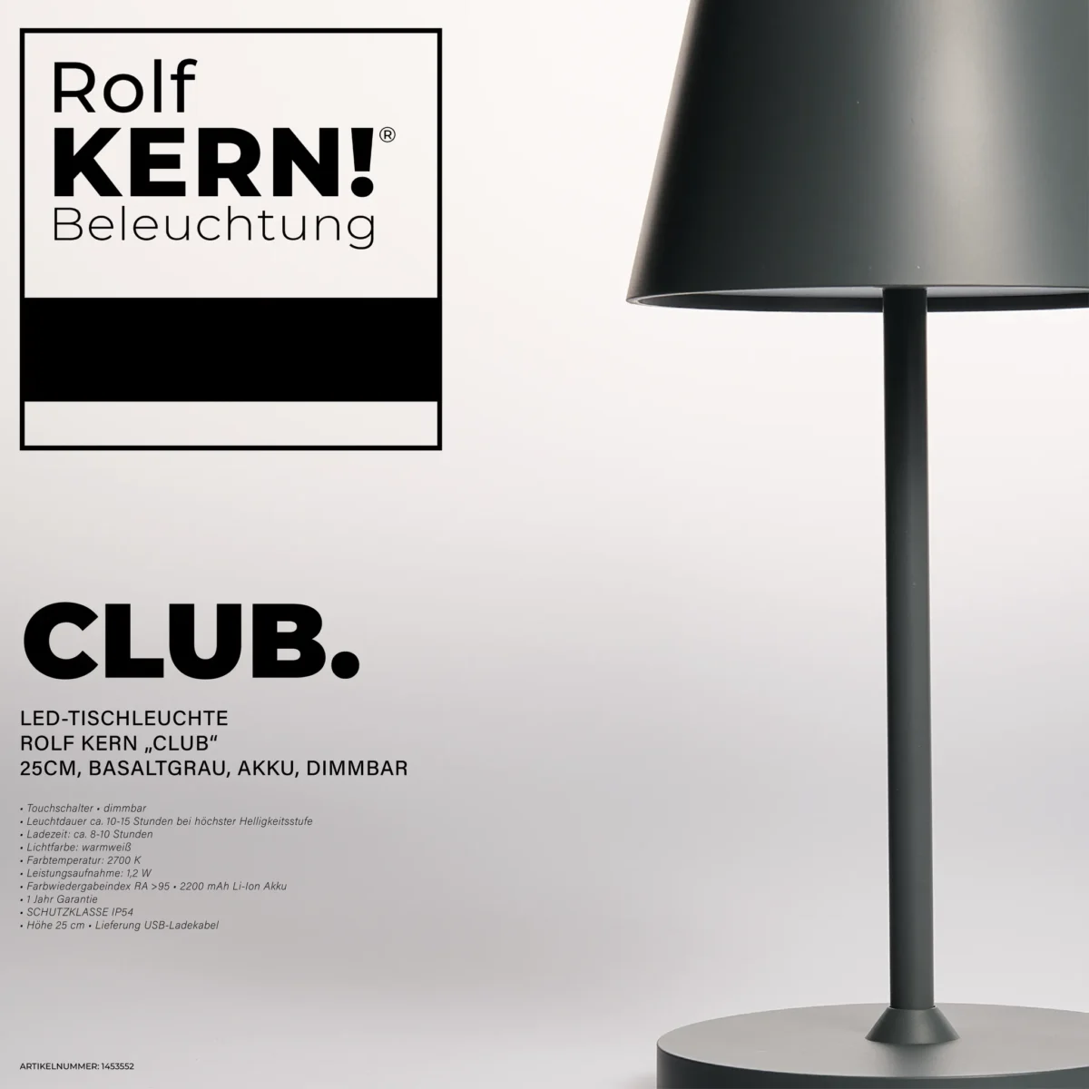 LED-Tischleuchte ROLF KERN „Club Mini“ 25cm, Basaltgrau, Akku, dimmbar – Bild 2