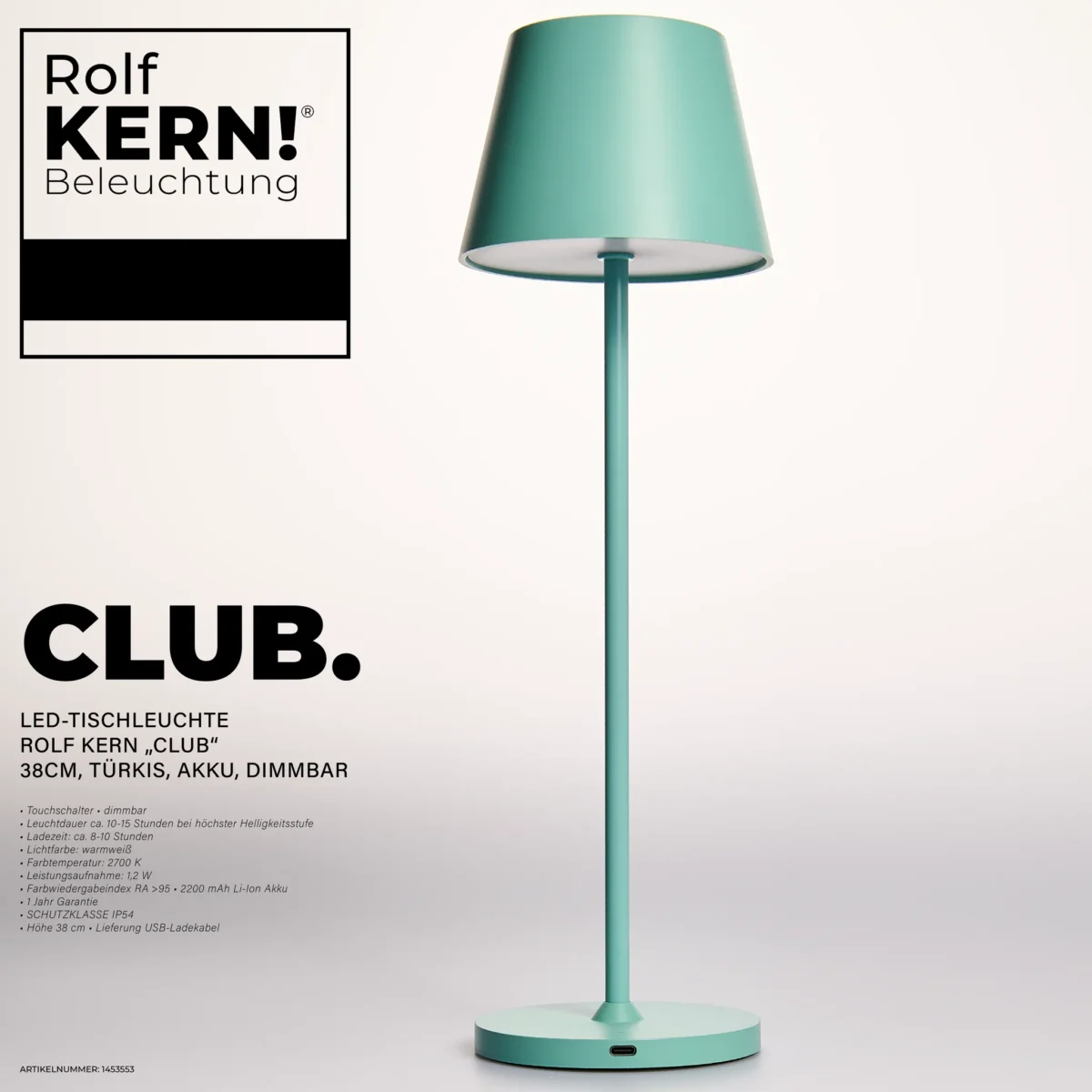 LED-Tischleuchte ROLF KERN „Club“ 38cm, Türkis, Akku, dimmbar – Bild 2