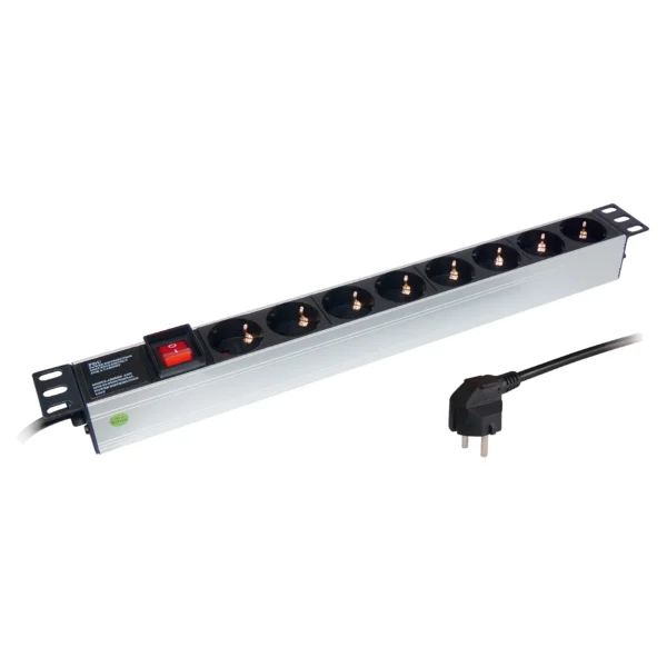Steckdosenleiste für Rackeinbau 19", Aluminium, 8-fach, max.3.500W /16A