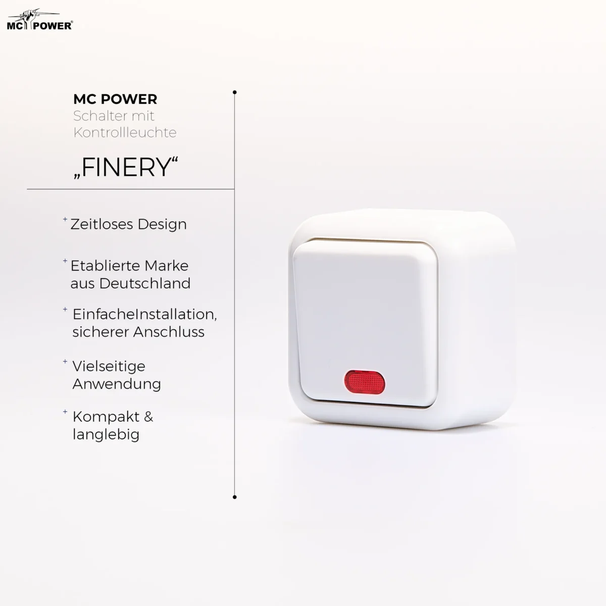 Schalter McPower "Finery", 250V/10A, AP, weiß, mit Kontrollleuchte – Bild 3