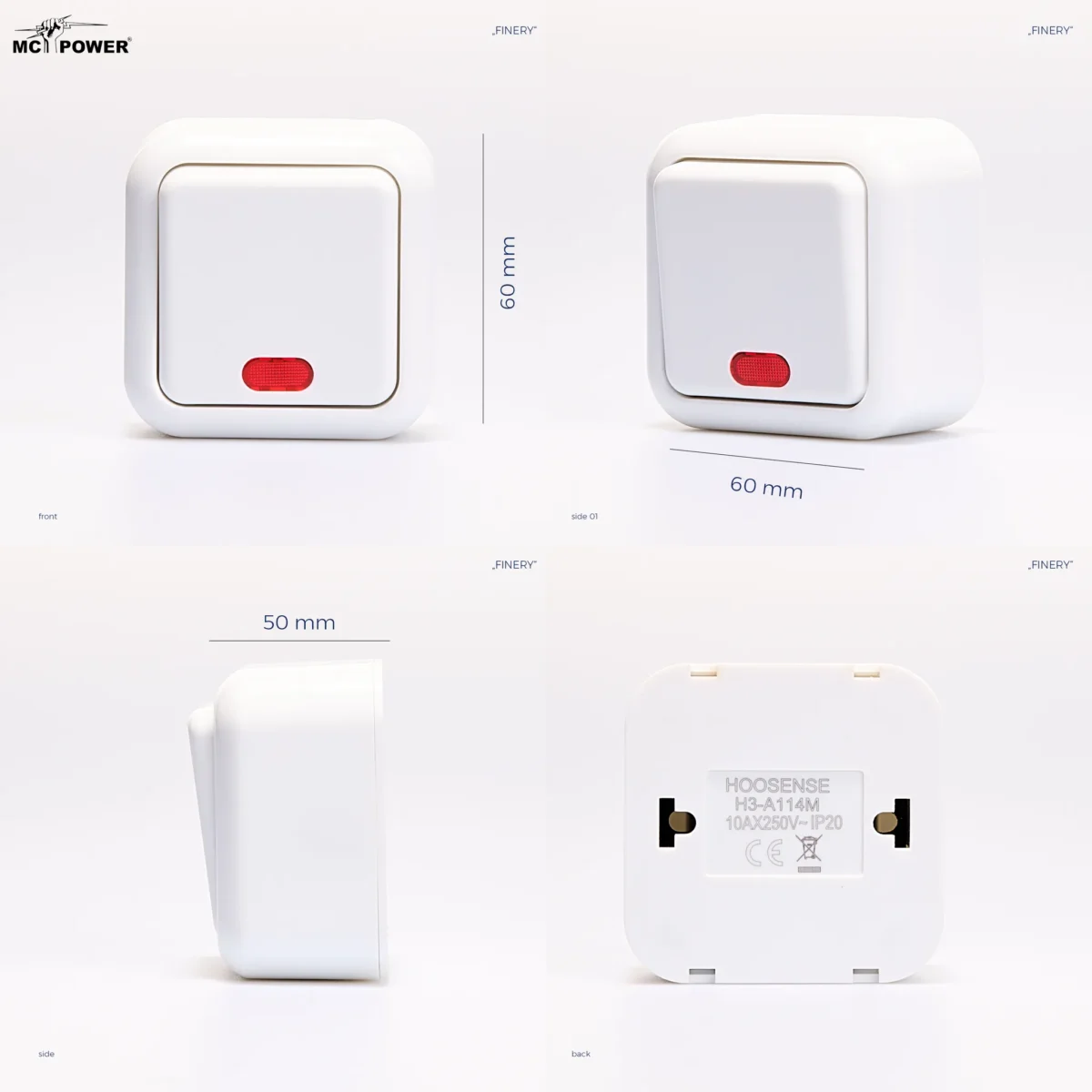Schalter McPower "Finery", 250V/10A, AP, weiß, mit Kontrollleuchte – Bild 5