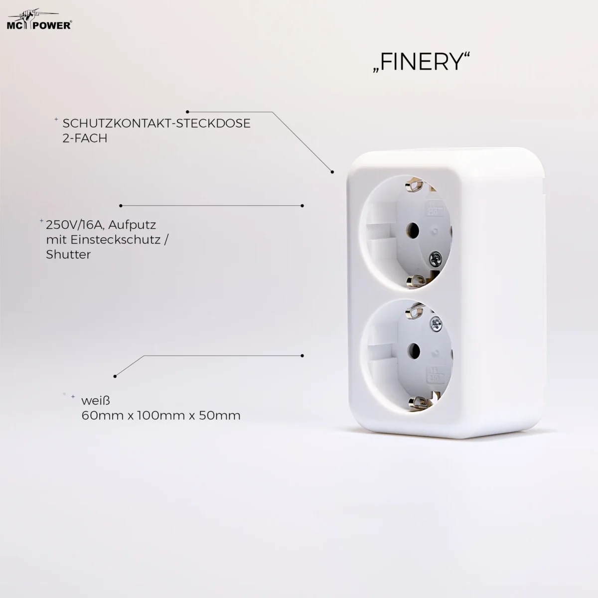 Schutzkontakt-Steckdose 2-fach McPower "Finery", 250V/16A,AP,Einsteckschutz,weiß – Bild 4