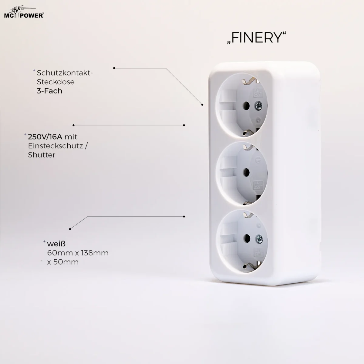 Schutzkontakt-Steckdose 3-fach McPower "Finery", 250V/16A, AP, Einsteckschutz, weiß – Bild 4