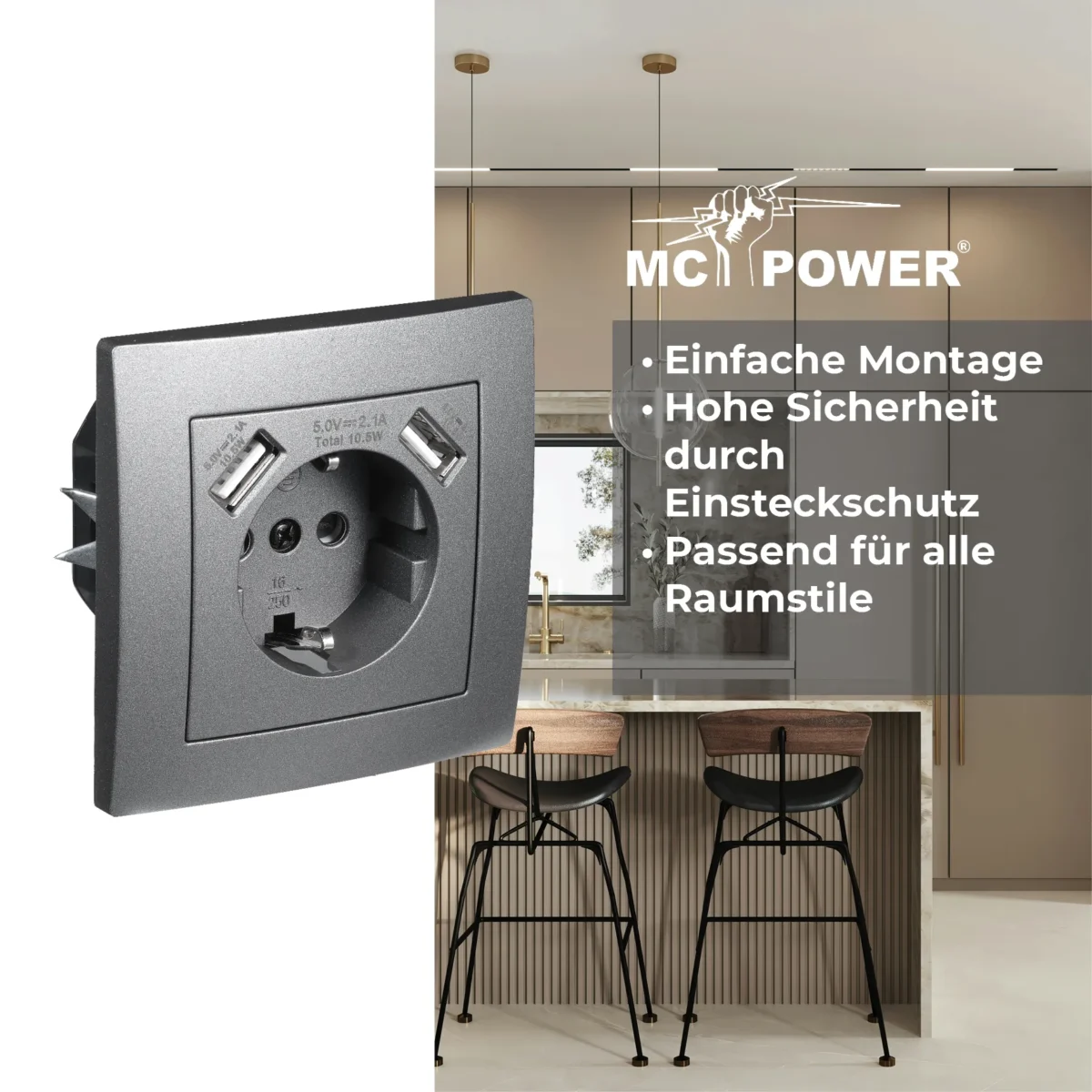 Schutzkontakt-Steckdose mit 2x USB McPower "Flair", 250V, 5V/2,1A, UP, anthrazit – Bild 4