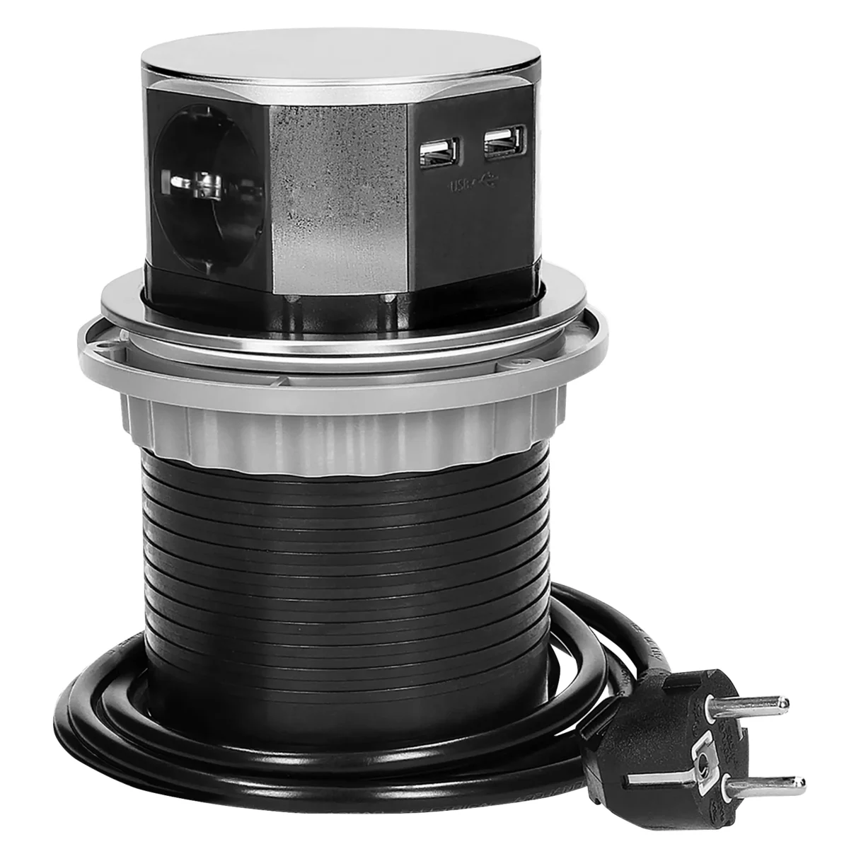 Tisch-Einbausteckdose Ø10cm, 3fach, 2 USB 2,4 A, Edelstahl, versenkbar – Bild 1