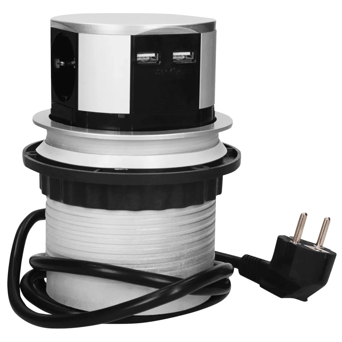 Tisch-Einbausteckdose Ø10cm, 4 fach, 2 USB 2,4A, silber- schwarz, versenkbar – Bild 1