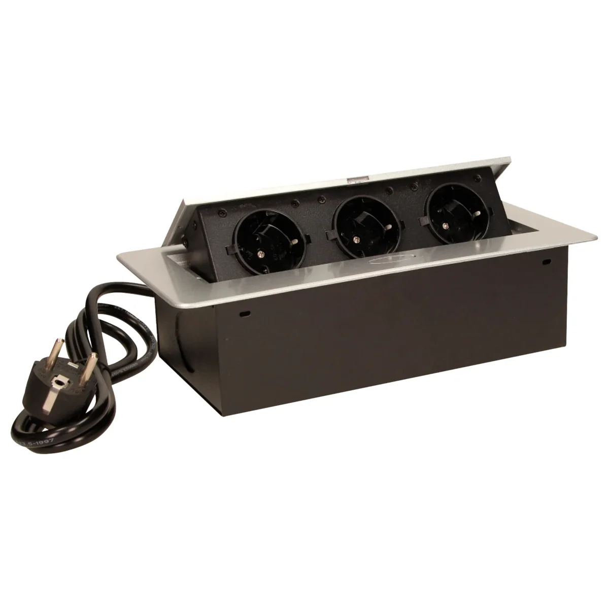 Tisch-Einbausteckdose, 3fach, silber-schwarz, 2500W, 1,5m Anschlusskabel – Bild 1