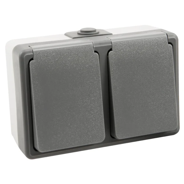 Feuchtraum Doppel-Steckdose McPower "Secure", 250V~/16A, IP44, AP, grau
